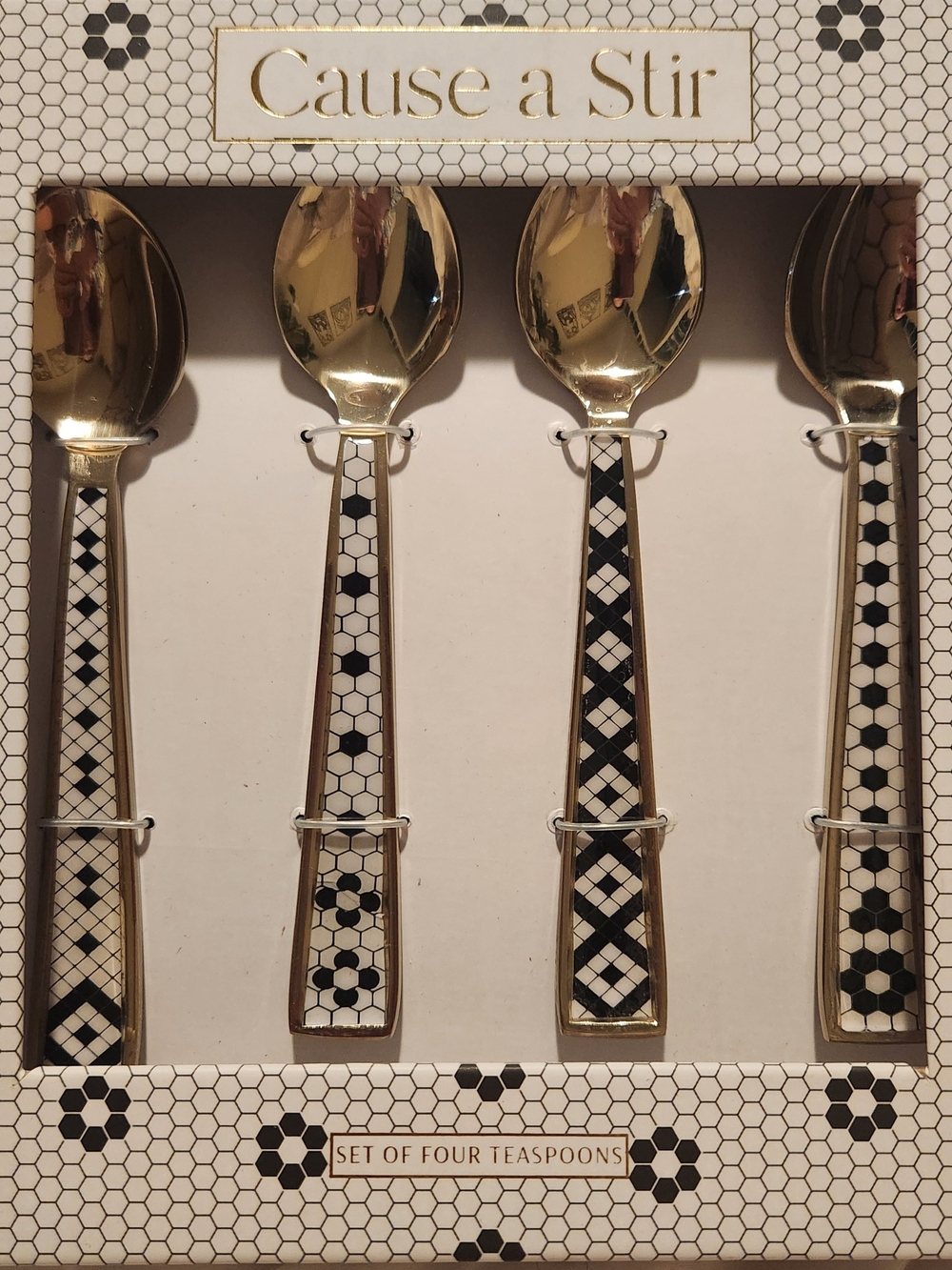 Anthropologie, Bistro Teaspoon Set with Black and White Mosaic Handles, New